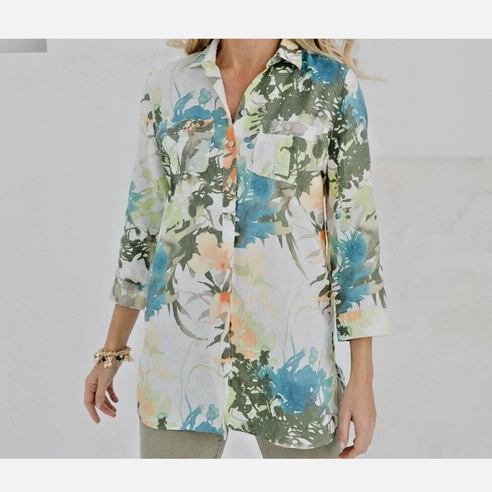 Chico's No-Iron 100% Linen Floral Paradise Women's Tunic Top SZ 0 US 4 Small